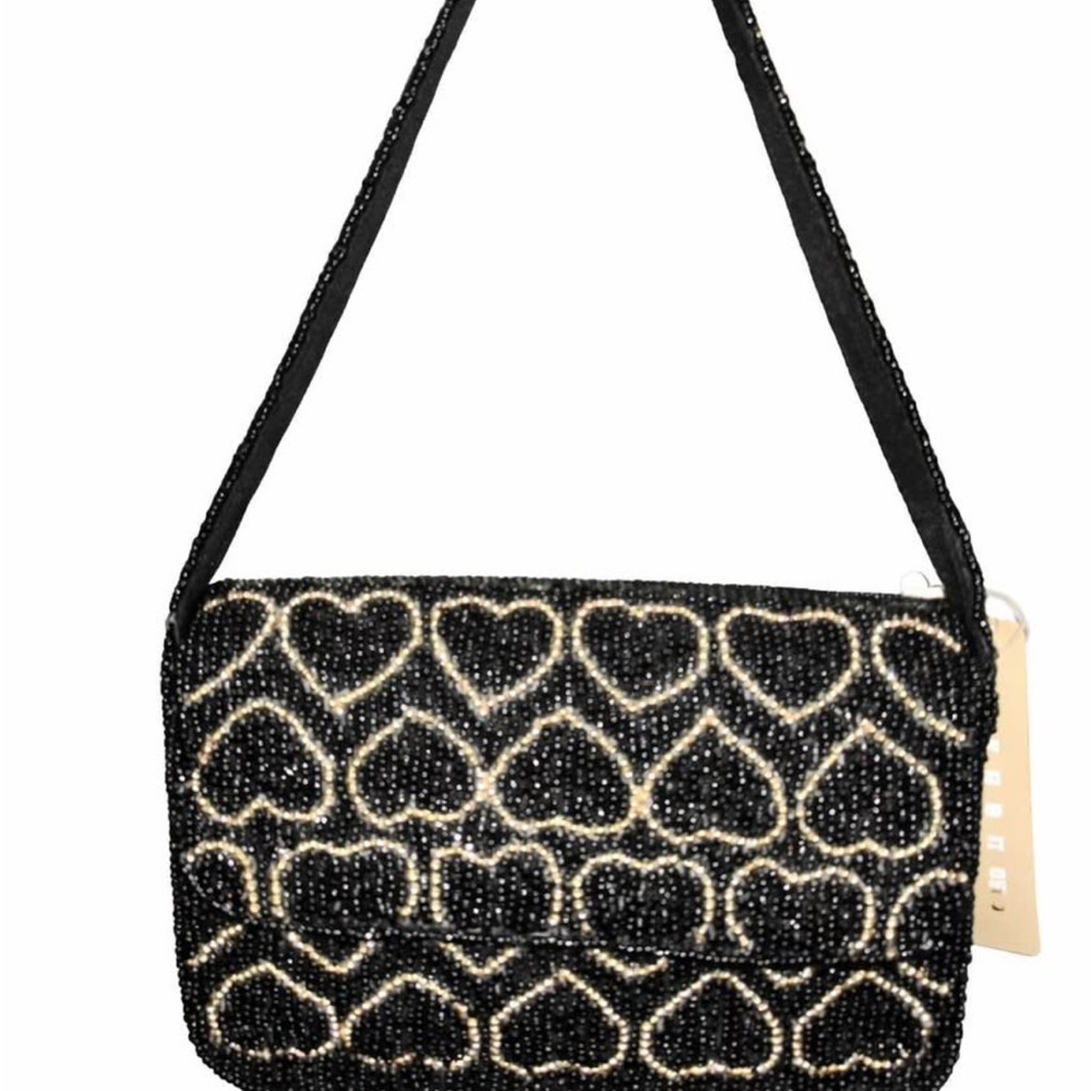 Elegant Black and Cream Heart Beaded Patterned Women's Bag